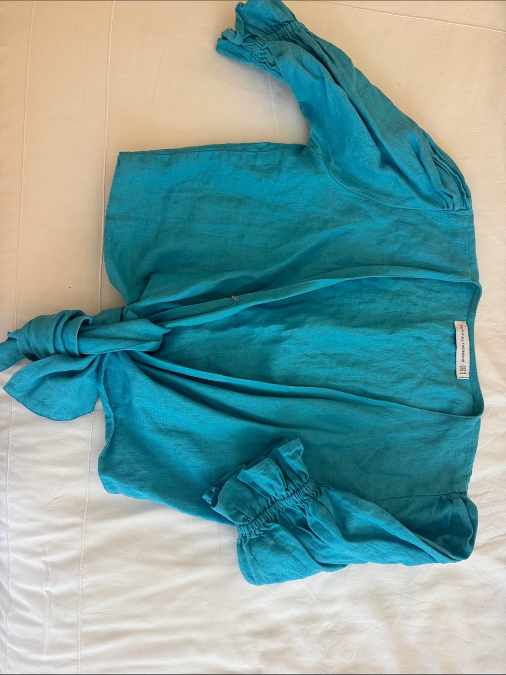 Faithfull the Brand Linen Turquoise Tie-Front Top